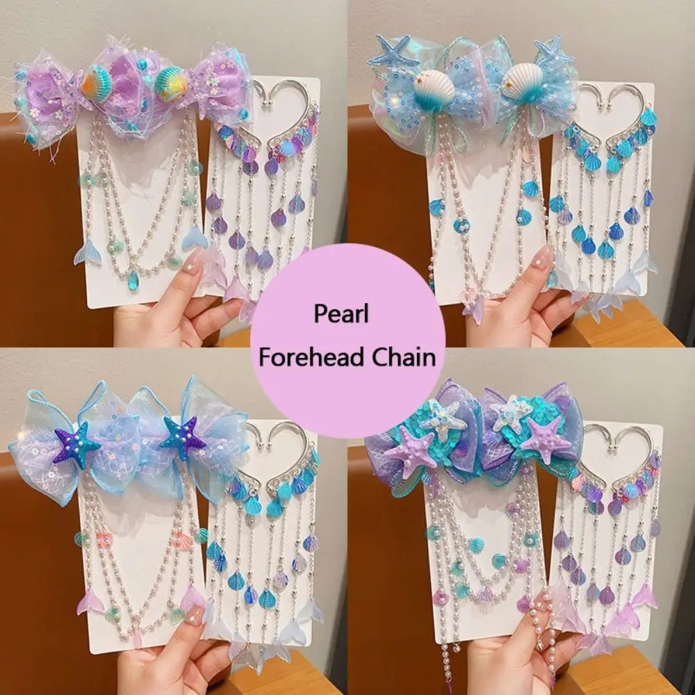 Kids Mermaid Pearl Fairy Hair Clips | Tassel Forehead Chain Kids Hair Clips QXL