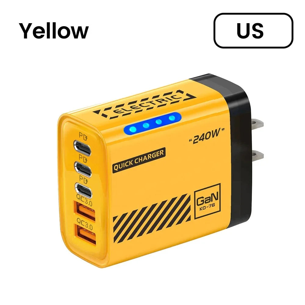 GaN 240W 5-Port USB-C Fast Charger PD QC3.0 Wall Adapter USB-C Wall Charger QXL Yellow US
