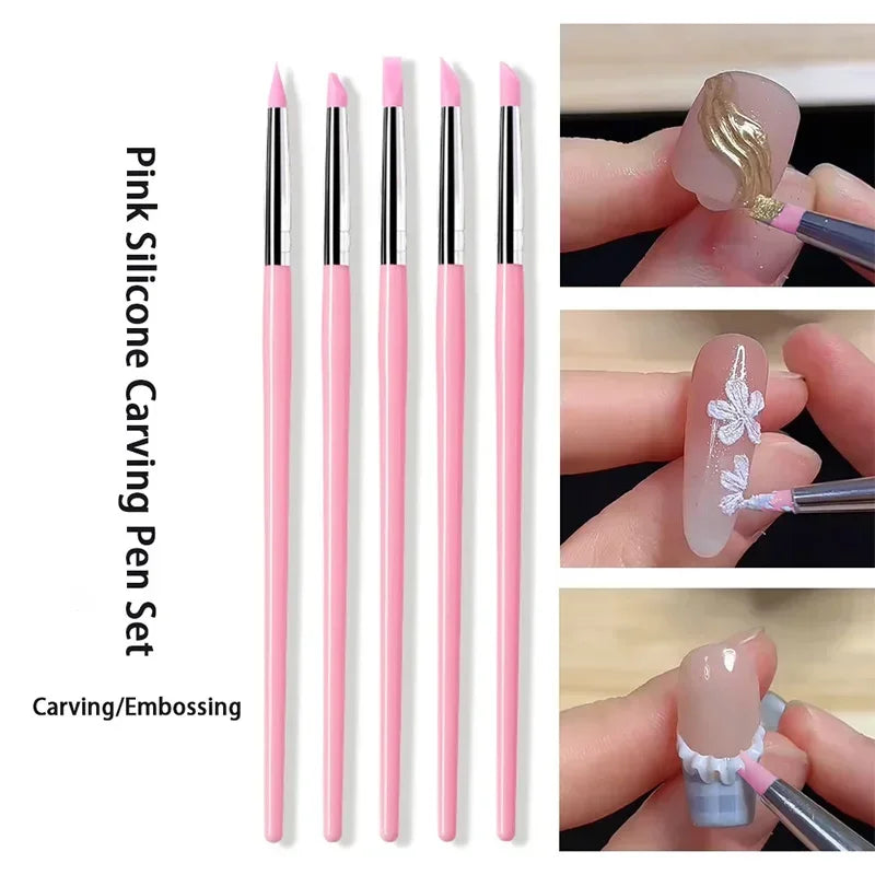 5-Pc Silicone Nail Art Brush Set | UV Gel & 3D Dotting Pens Nail Art Brush Set QXL