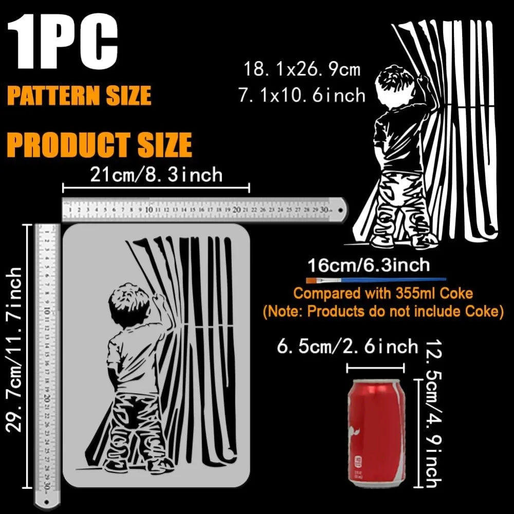 Banksy-Style Boy Curtain Painting Stencil A4 + Brush | DIY Art Painting Stencil QXL