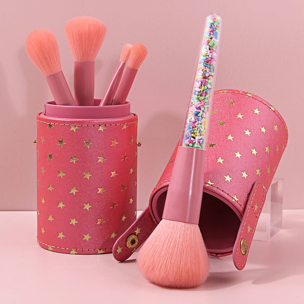 KOSSHOW 9-Piece Pink Makeup Brush Kit with Puffs & Holder Makeup Brush Set QXL