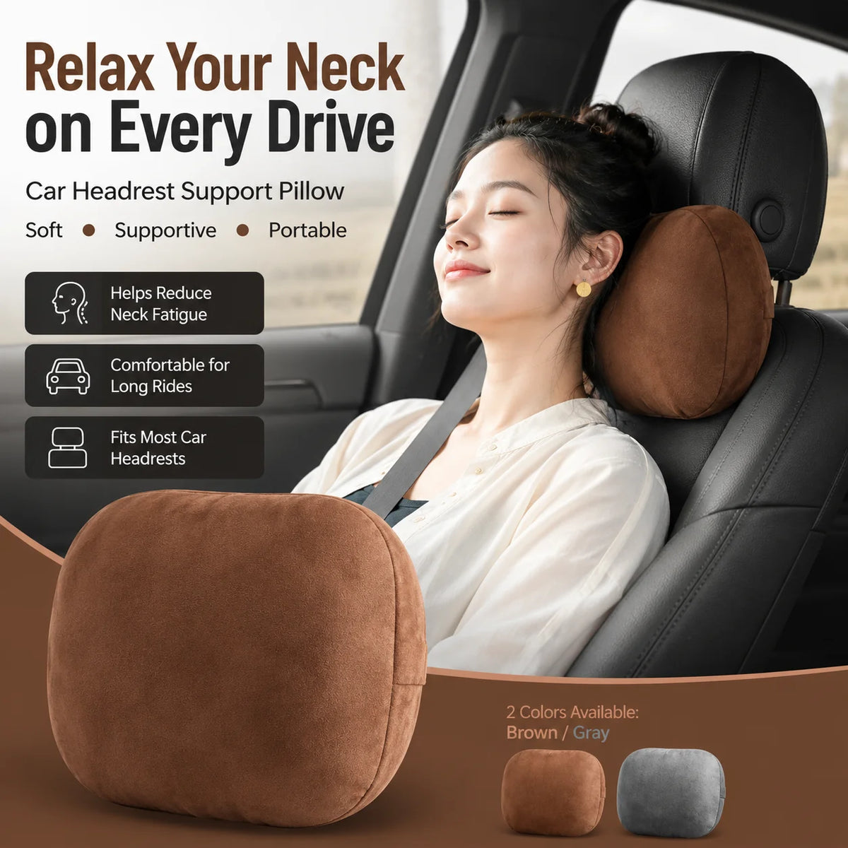 Car Headrest Neck Pillow & Lumbar Support Cushion | Soft Suede Car Seat Cushion QXL