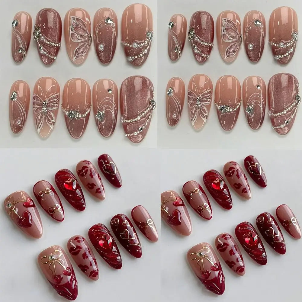 30-Pack Almond Press-On Nails | French Cat Eye Butterfly Pearl Press-On Nail Tips QXL