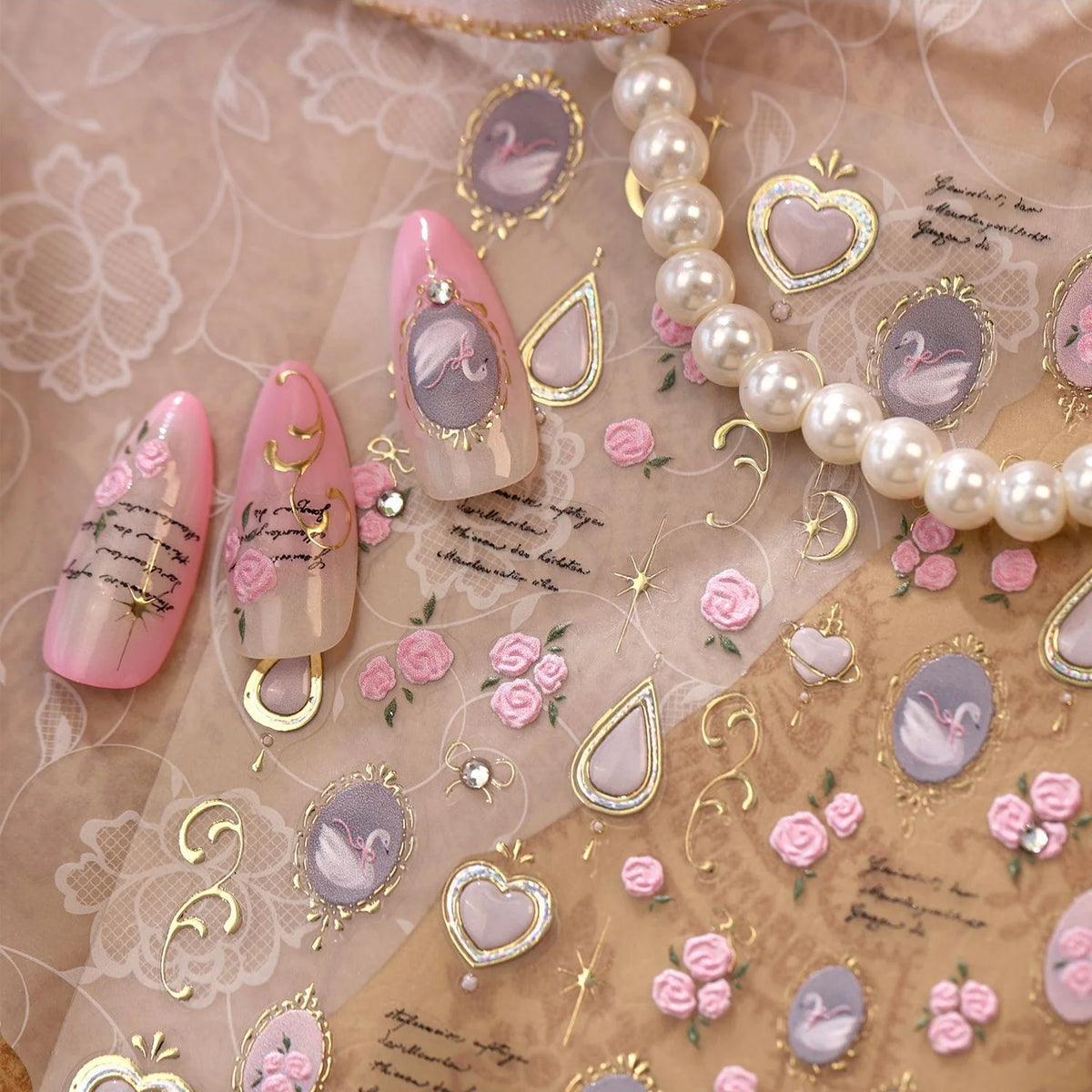 5D French Vintage Nail Stickers – Swan Rose Gem Gold Decals Nail Art Stickers QXL