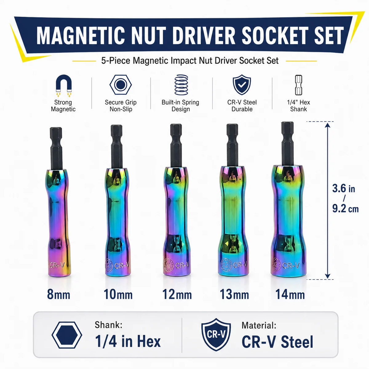 5-Piece Magnetic Nut Driver Set | 1/4" Hex Shank 8–14mm Impact Socket Set QXL