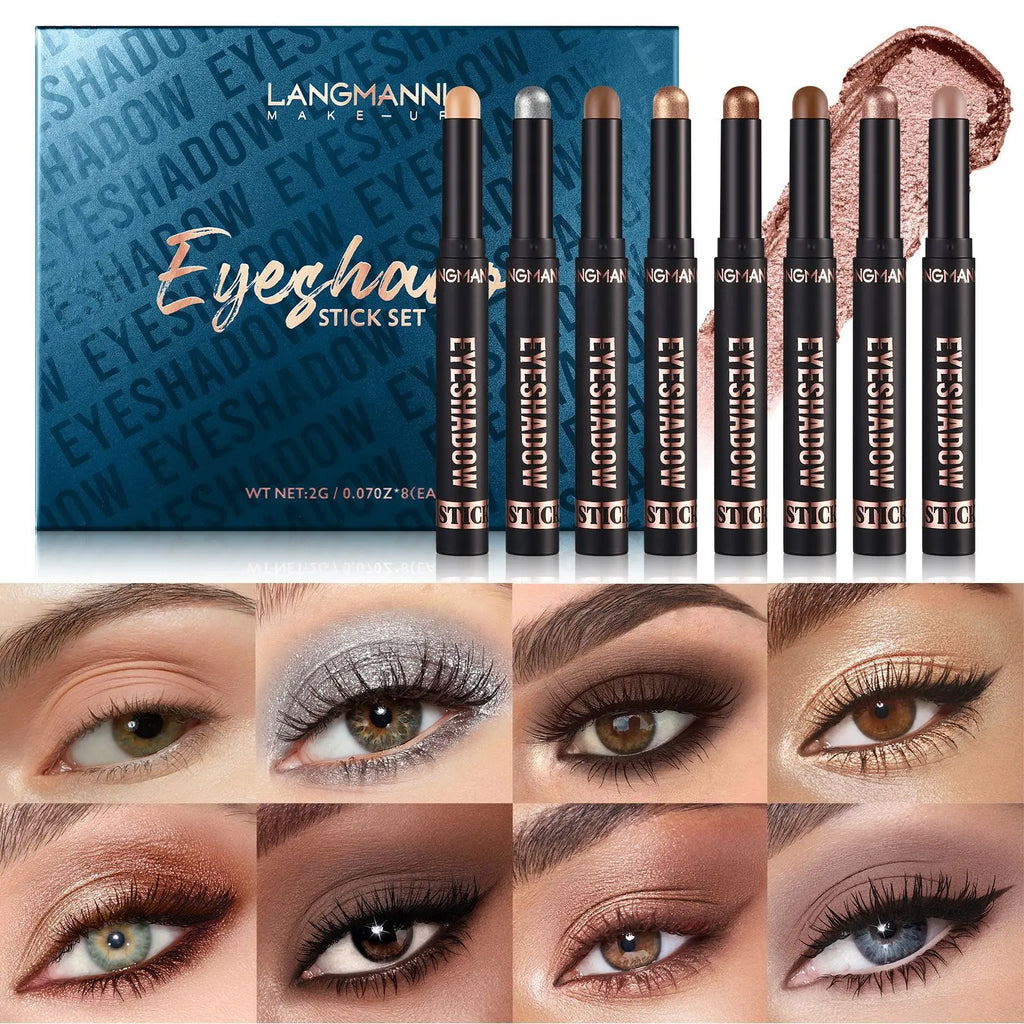 Langmanni Metallic Eyeshadow Sticks 8-Pc Set | 16 Shades Eyeshadow Stick Set QXL A