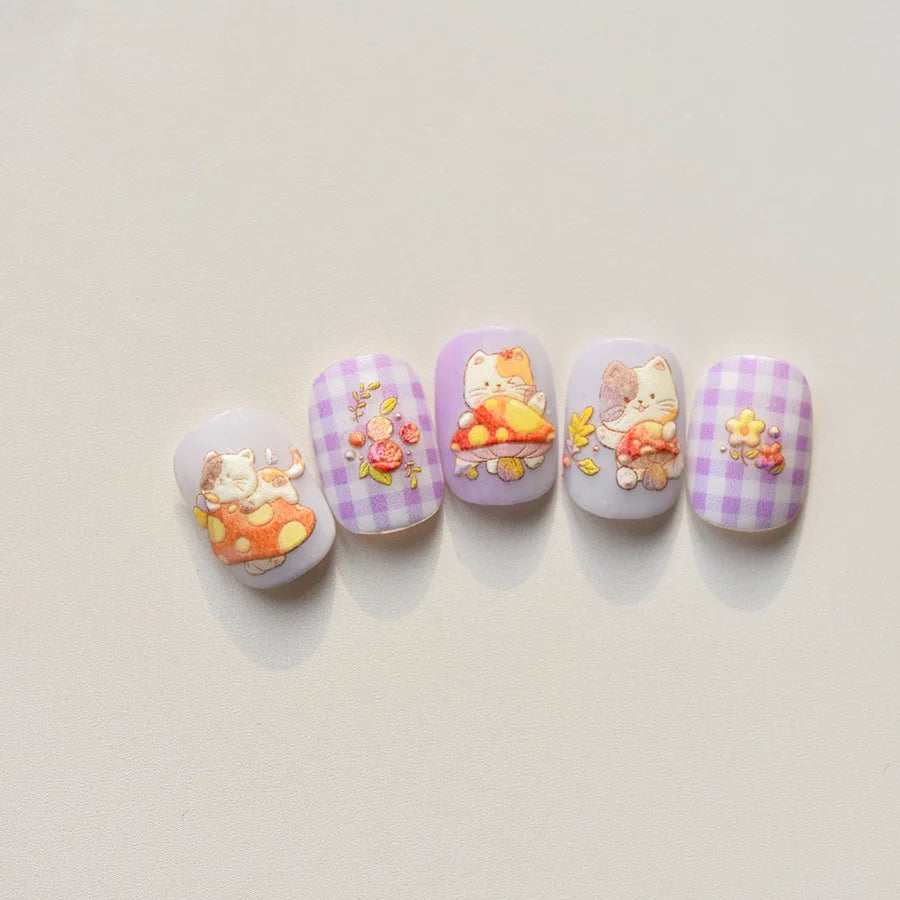 5D Kawaii Nail Stickers – Mushroom Cat & Animal Decals Nail Art Stickers QXL