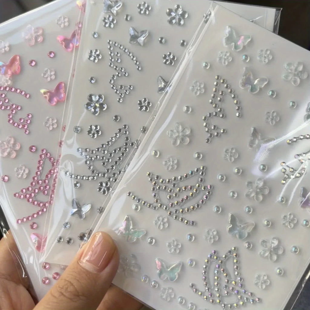 3-Pack Rhinestone Butterfly & Flower Face Gem Stickers Face Gem Stickers QXL