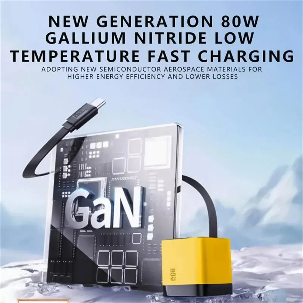 80W GaN Fast Charger USB-C Wall Plug with Retractable Cable GaN Wall Charger QXL