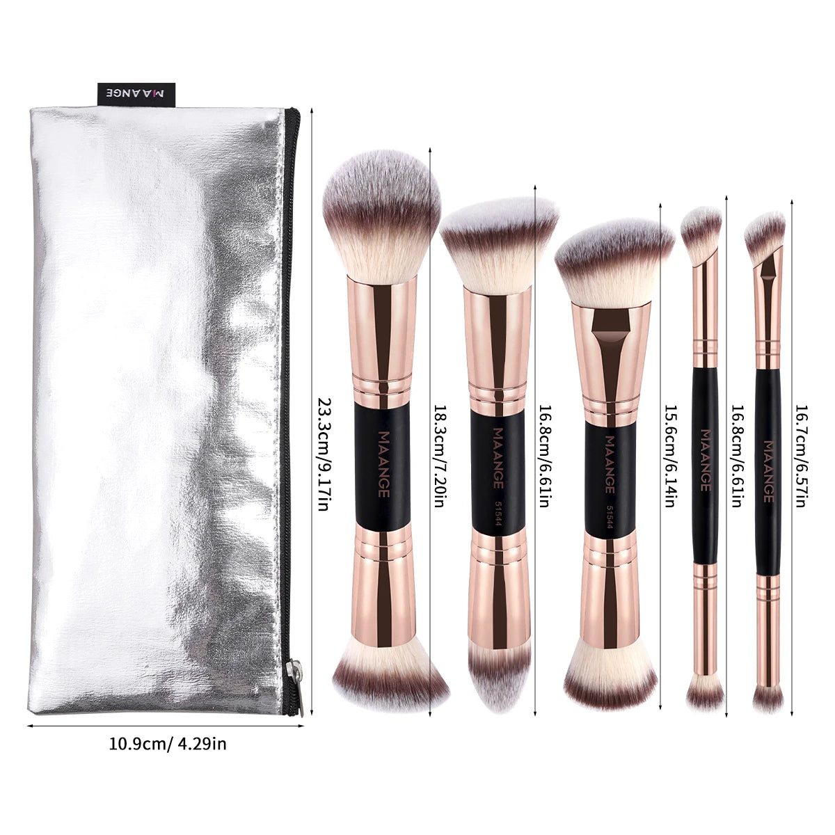 MAANGE 5-Pc Double-Ended Makeup Brush Set & Storage Bag Makeup Brush Set QXL