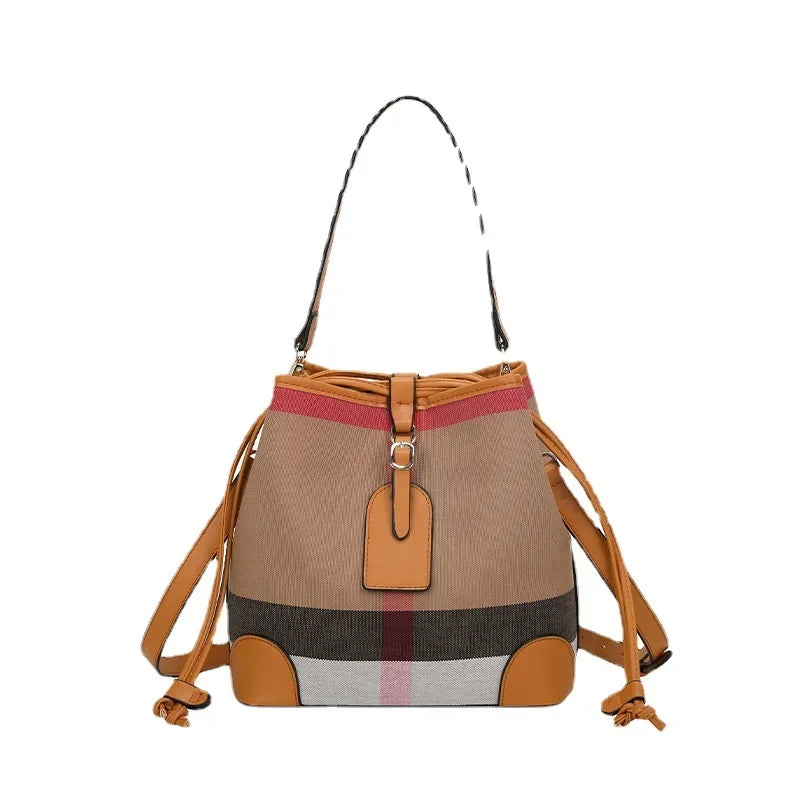 Canvas Plaid Drawstring Bucket Bag | Women's Handbag Canvas Bucket Bag QXL