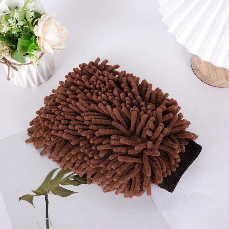 Chenille Car Wash Glove | Double-Sided Plush Detailing Mitt Car Wash Mitt QXL Brown