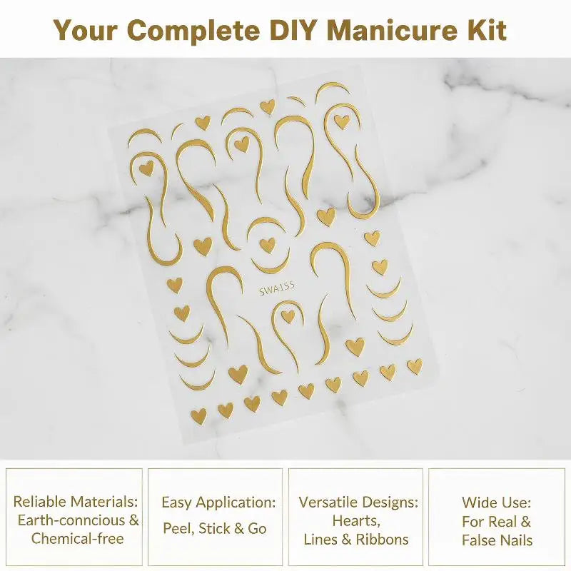 3D Gold French Lines & Heart Nail Stickers | DIY Nail Decals Nail Art Stickers QXL