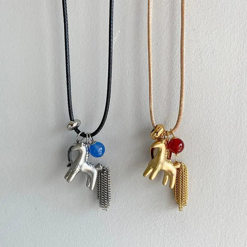 Horse Tassel Pendant Necklace | Y2K Wax Rope Choker Women Pendant Necklace QXL