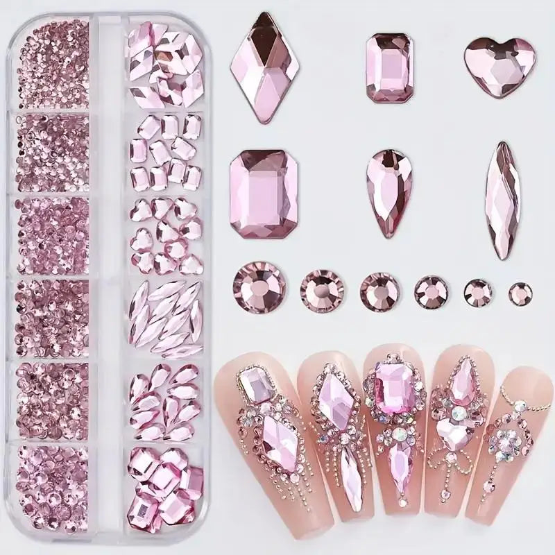 530-Pc 3D Nail Art Rhinestones | 12-Grid Flatback DIY Set Nail Art Rhinestones QXL