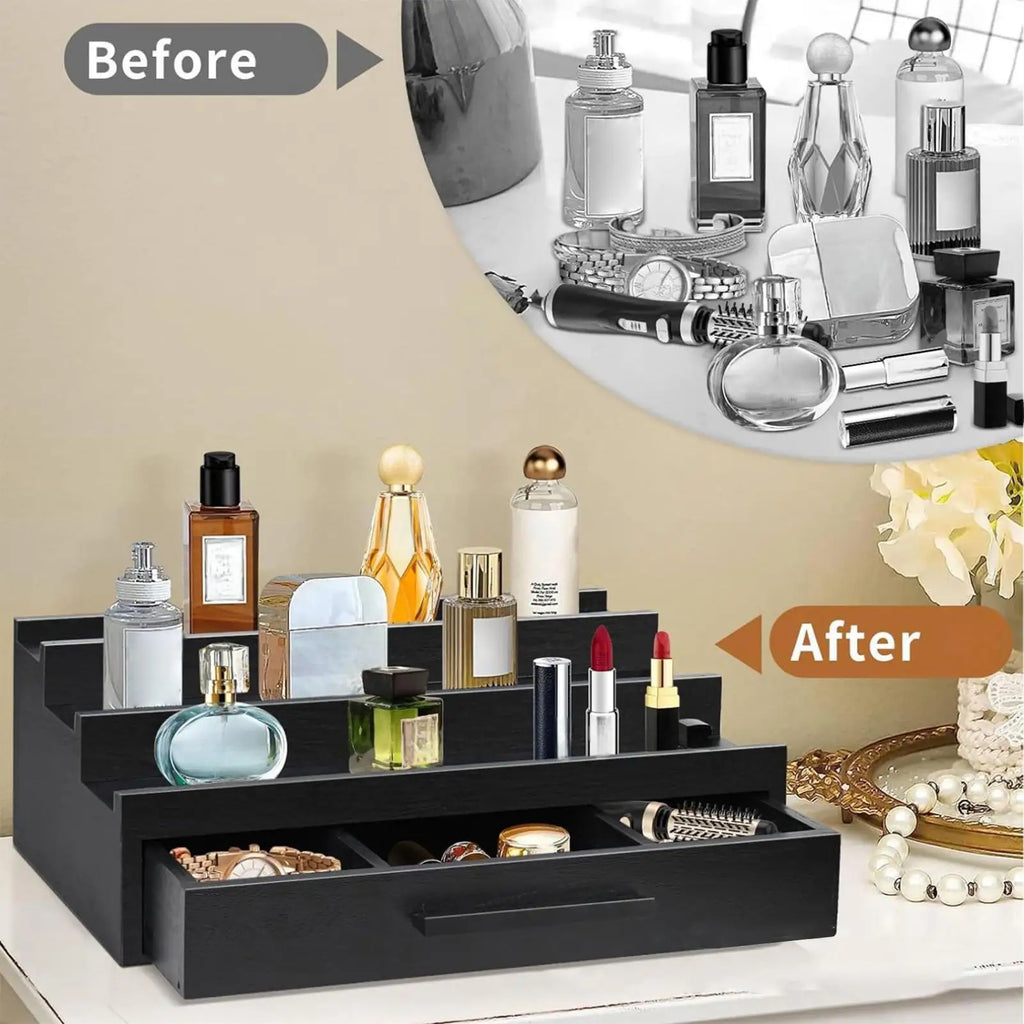 3-Tier Bamboo Perfume Organizer Rack with Drawer | Dresser Perfume Organizer Rack QXL