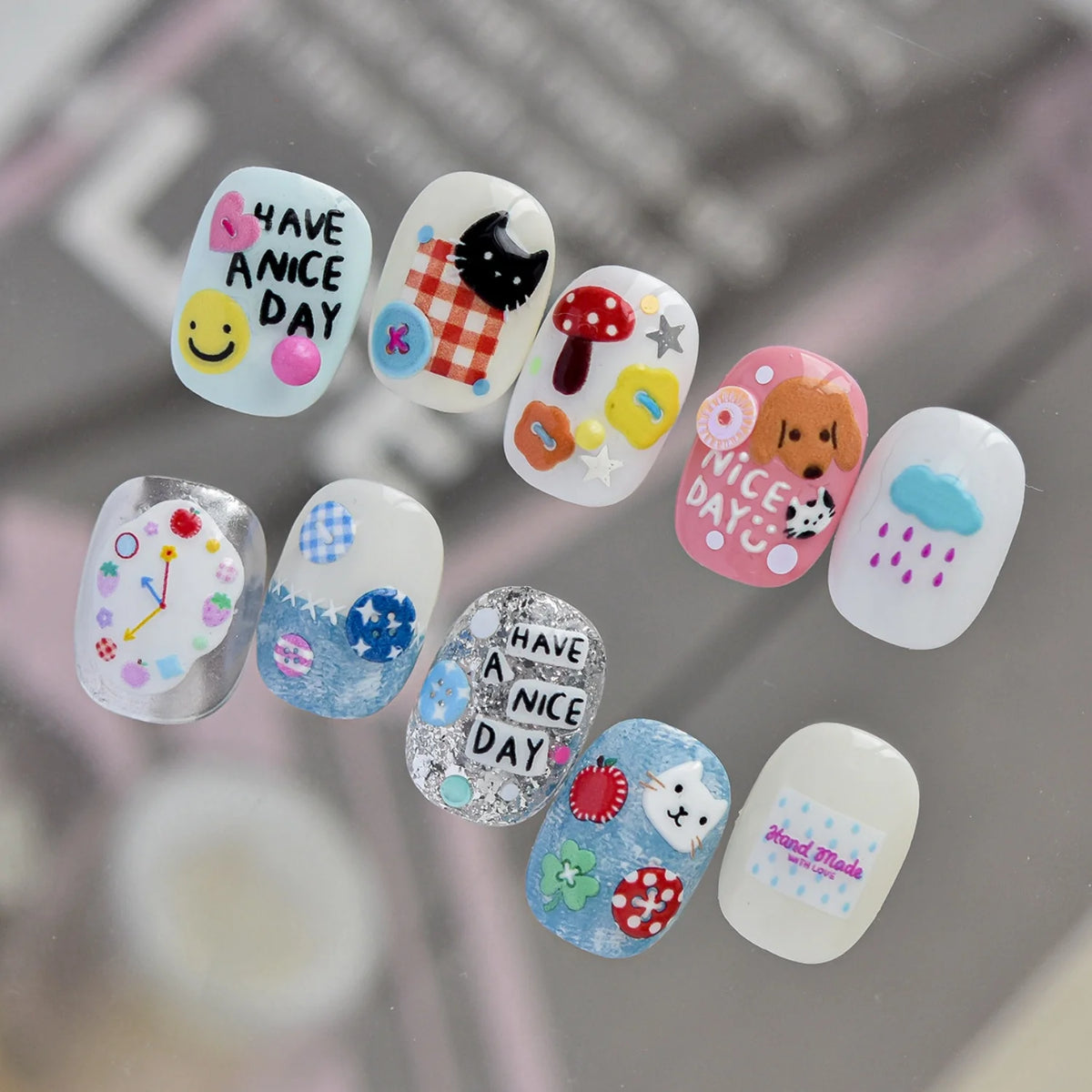 5D Cartoon Nail Stickers – Cat, Heart, Mushroom & Bow Decals Nail Art Stickers QXL