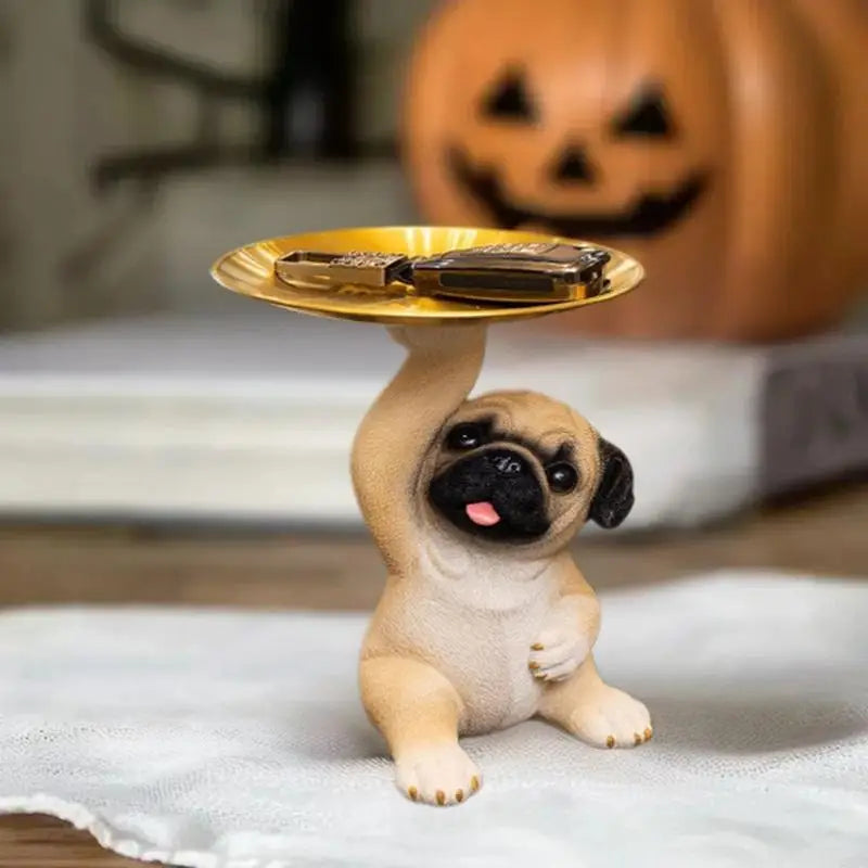 Pug Statue Tabletop Tray | Key, Snack & Desk Organizer Decorative Storage Tray QXL