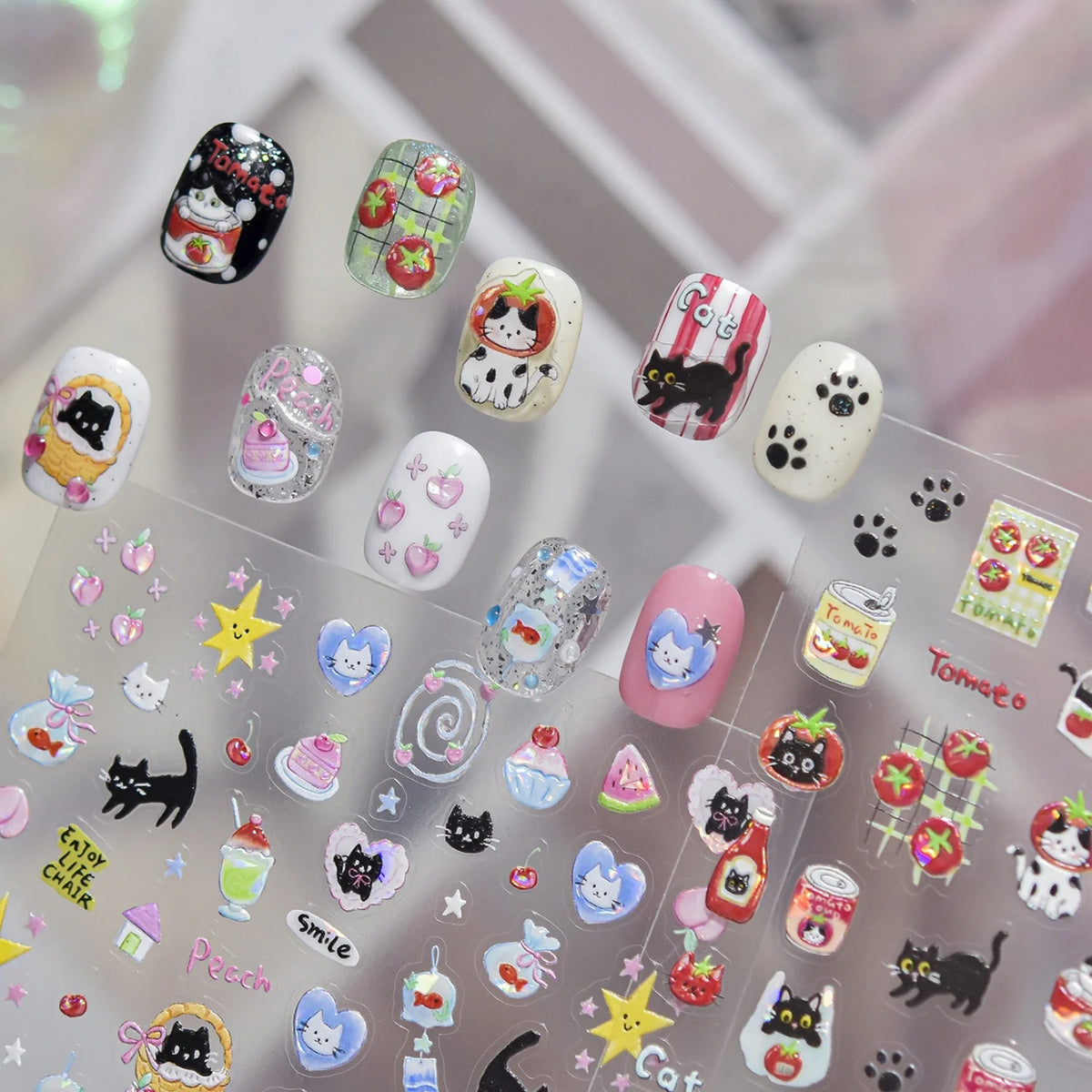 5D Cartoon Nail Stickers – Peach Cat Watermelon Self-Adhesive Nail Art Stickers QXL
