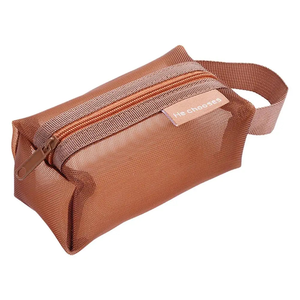 Small Square Mesh Zipper Pouch | Travel Storage Bag Mesh Zipper Pouch QXL brown