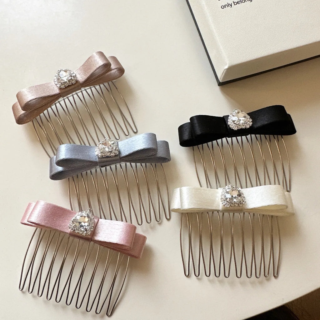 Rhinestone Heart Satin Bow Hair Comb | Crown Volume Style Decorative Hair Comb QXL