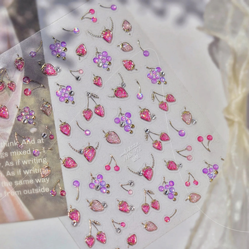 5D Embossed Fruit Nail Stickers | Rhinestone Decals – Strawberry Nail Art Stickers QXL