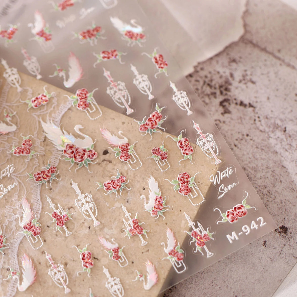 5D Embossed Nail Stickers | Vintage Rose Swan Lace Decals 5D Nail Stickers QXL