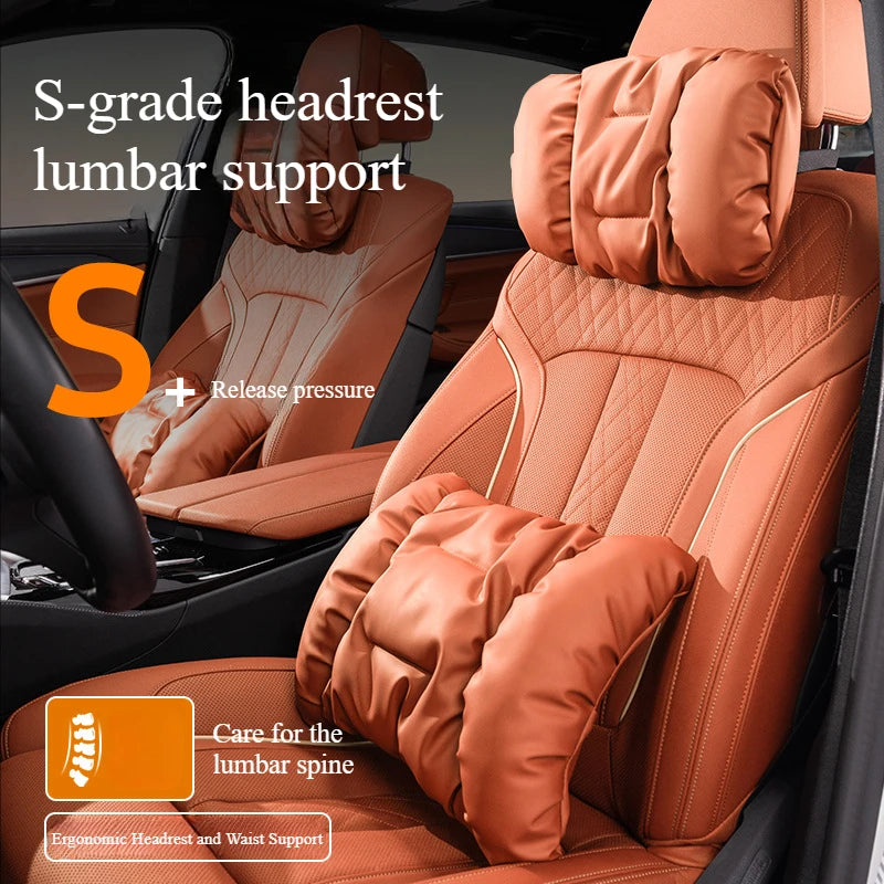 Car Neck Pillow & Lumbar Cushion Set | Faux Leather Travel Car Seat Cushion Set QXL