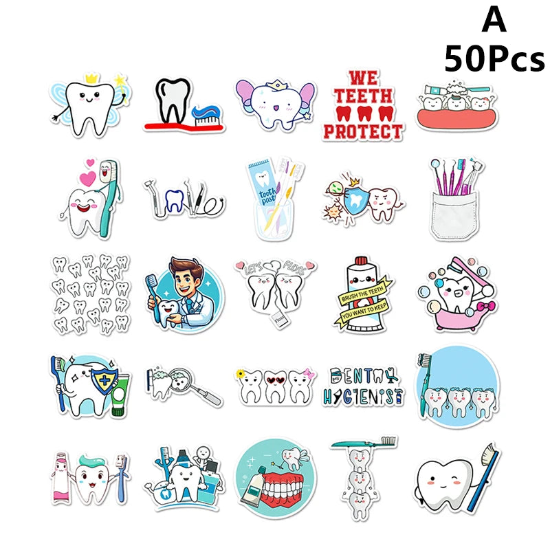 50-Pack Dental Tooth Cartoon Stickers for Kids | Clinic Reward Dental Reward Stickers QXL A