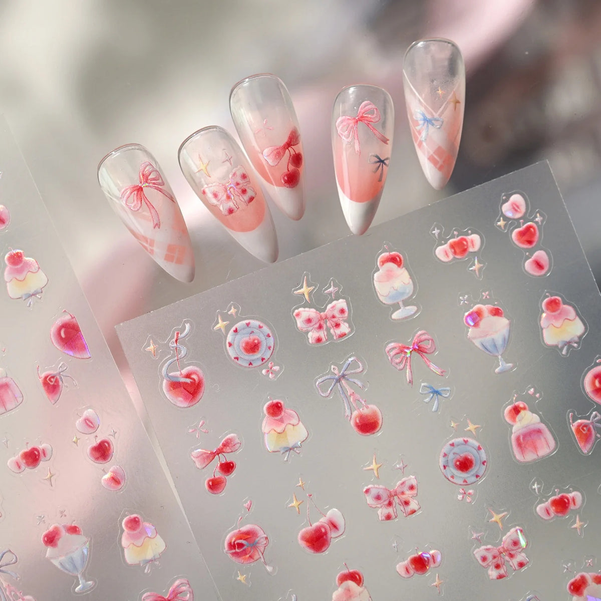 5D Nail Stickers Y2K Cherry Bow Sakura Glitter Decals | NAILFYOU Nail Art Stickers QXL
