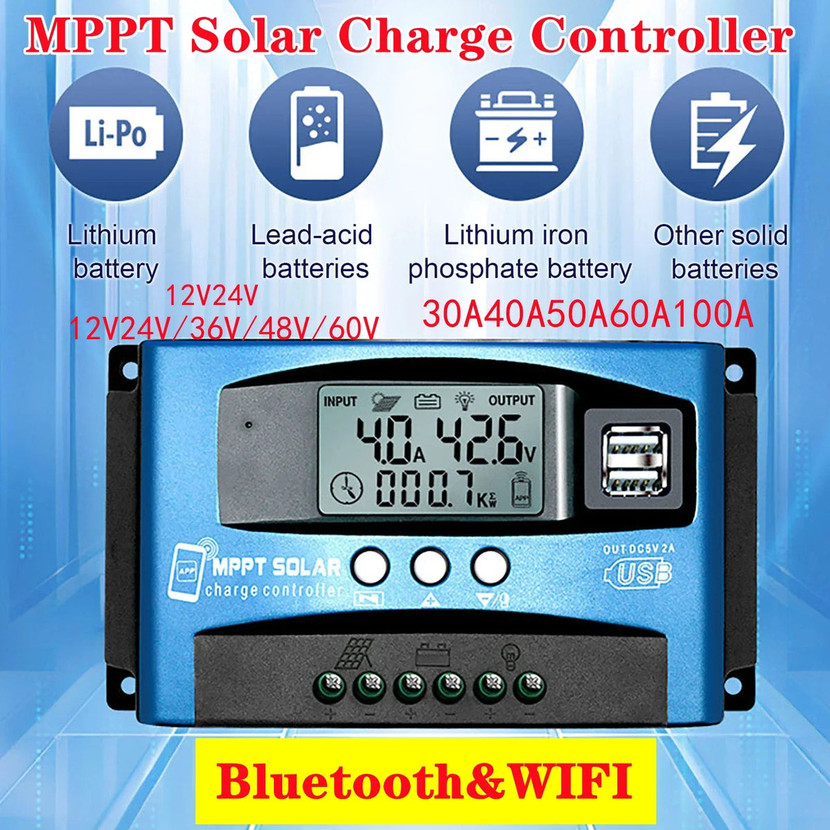 MPPT Solar Charge Controller Bluetooth WiFi LCD 10A–100A Solar Charge Controller QXL