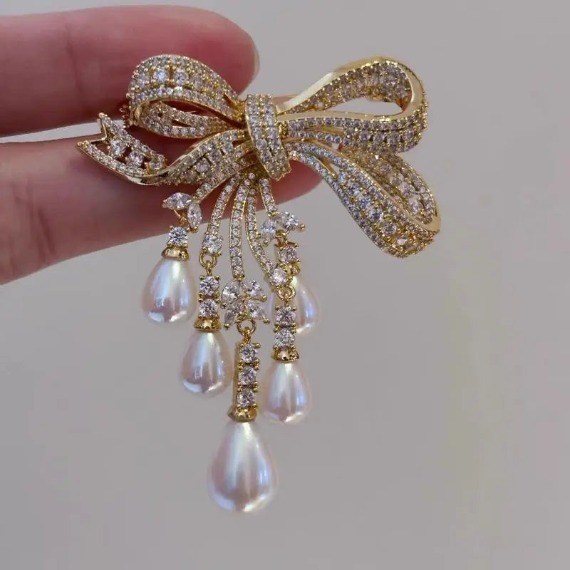 Zircon Pearl Bowknot Tassel Brooch Pin | Women's Corsage Brooch Pin QXL