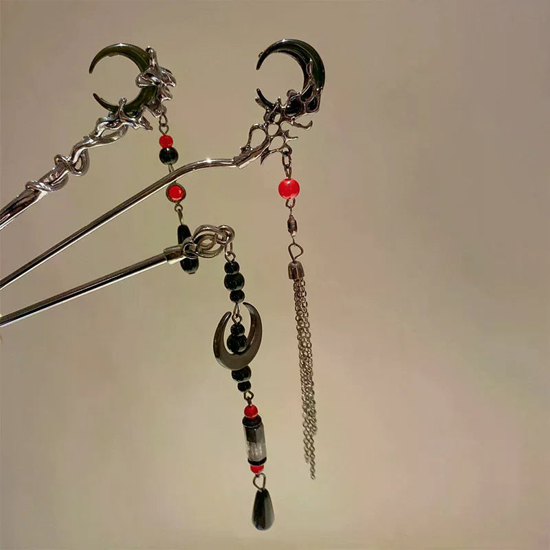 Retro Moon Tassel Hair Stick | Chinese Style Metal Hairpin Tassel Hair Stick QXL