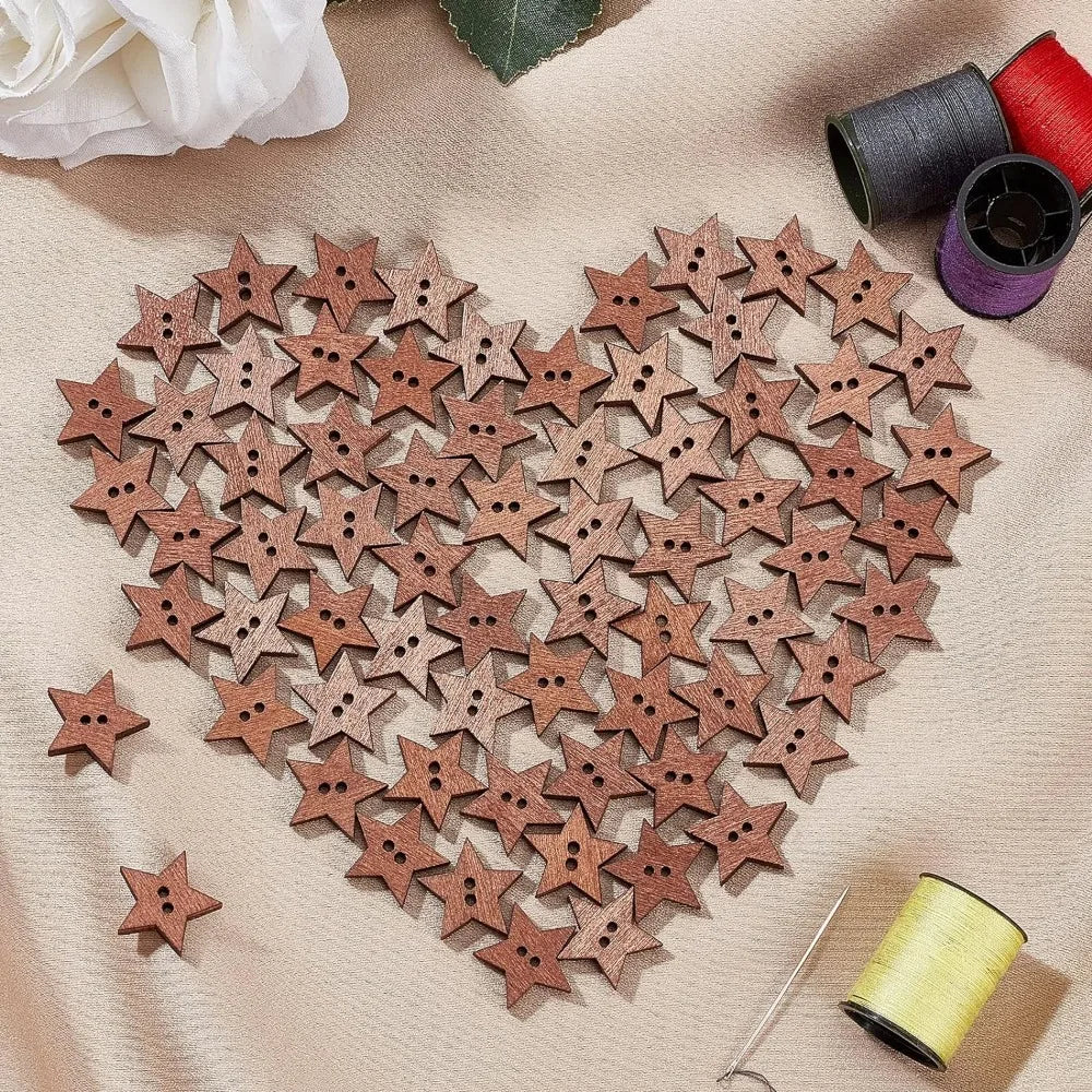 100-Pack Wooden Star Buttons | Vintage 2-Hole Sewing Craft Craft Buttons QXL