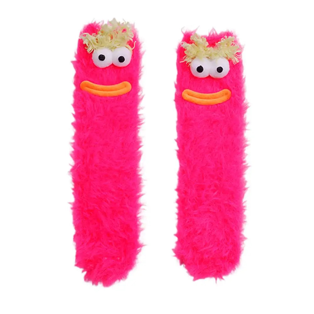 3D Cartoon Eyes Fluffy Plush Socks – Women's Cozy Xmas Gift Novelty Plush Socks QXL Pink B