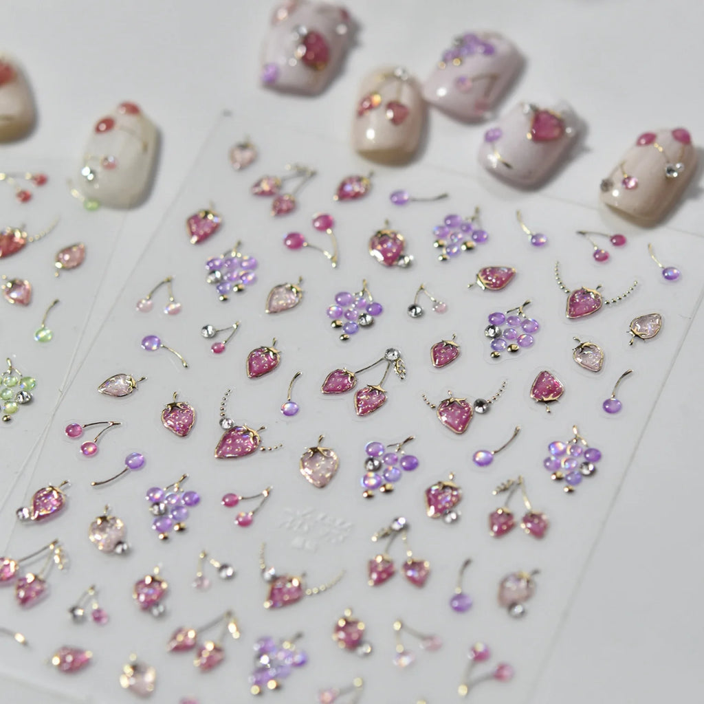 5D Embossed Fruit Nail Stickers | Rhinestone Decals – Strawberry Nail Art Stickers QXL