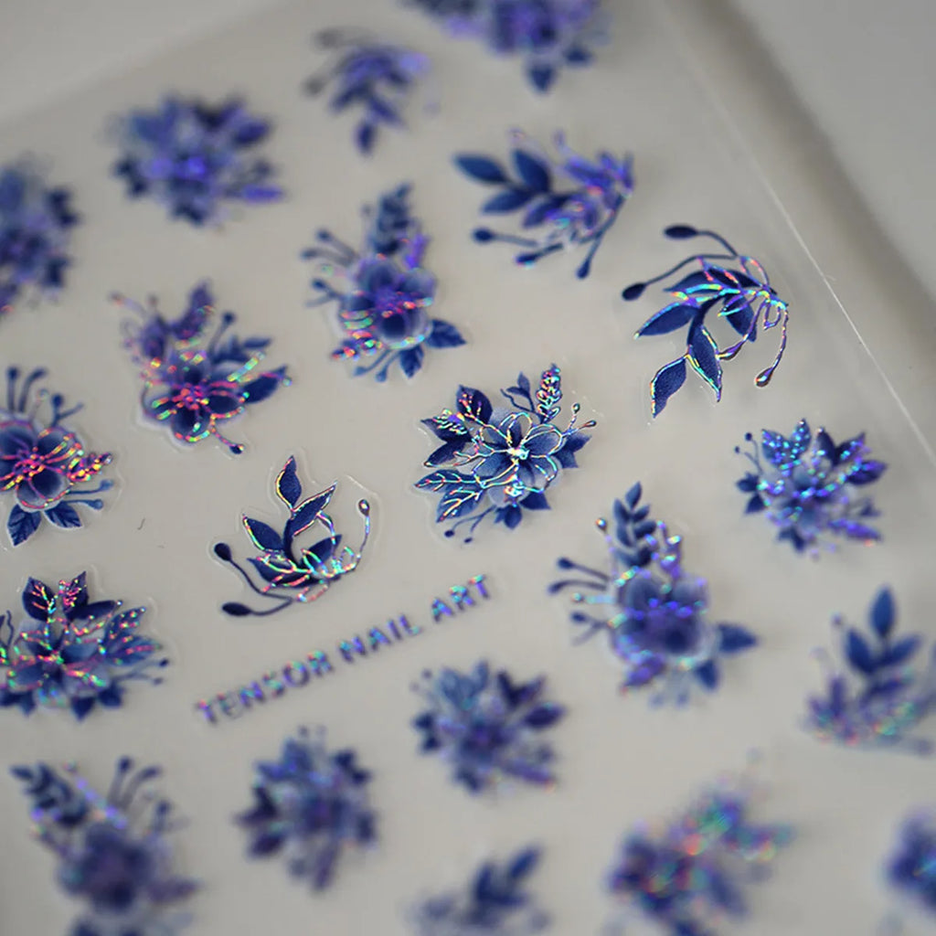 5D Embossed Flower Nail Art Stickers | Glitter Laser Blue Decals Nail Art Stickers QXL