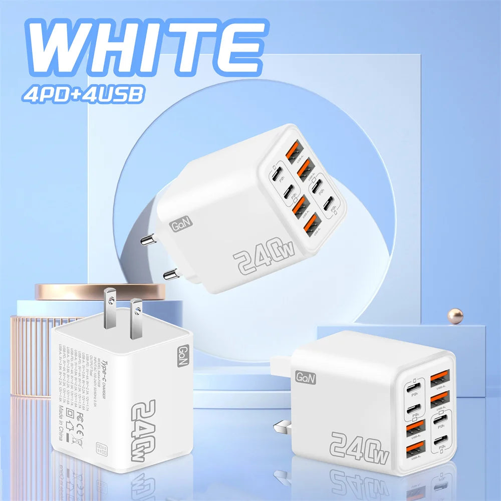 240W 8-in-1 GaN USB-C Fast Charger | 4PD 4USB Desktop Hub GaN Desktop Charger QXL