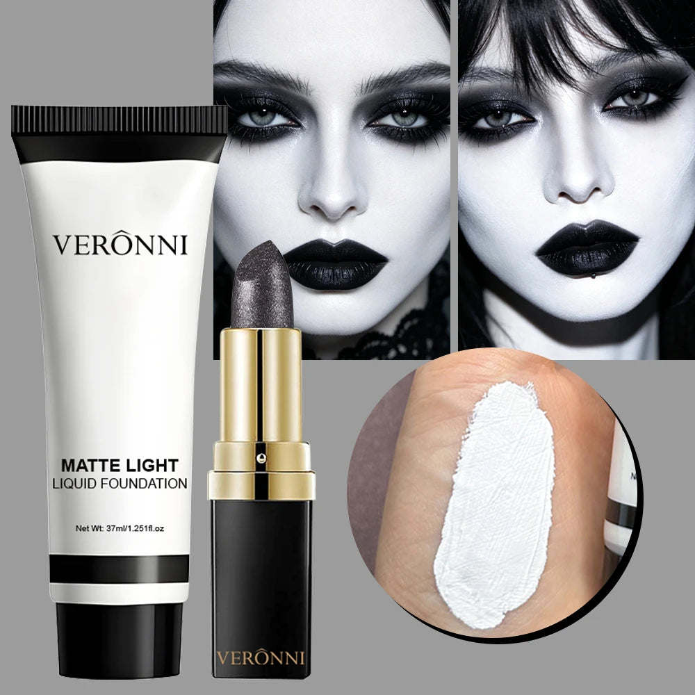 Matte White Foundation & Black Lipstick | Goth Halloween Set Cosplay Makeup Set QXL