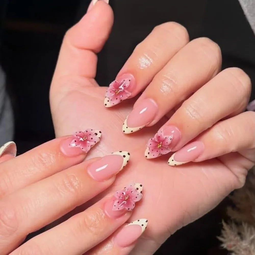 24-Pc French Almond Press-On Nails | Pink Flower False Tips Press-On Nails QXL