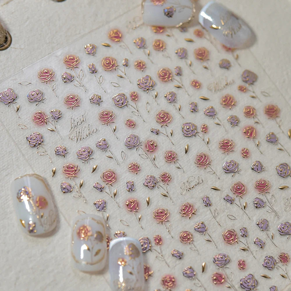 5D Pink Rose Rhinestone Nail Art Stickers | Floral Decals Nail Art Stickers QXL TO5075