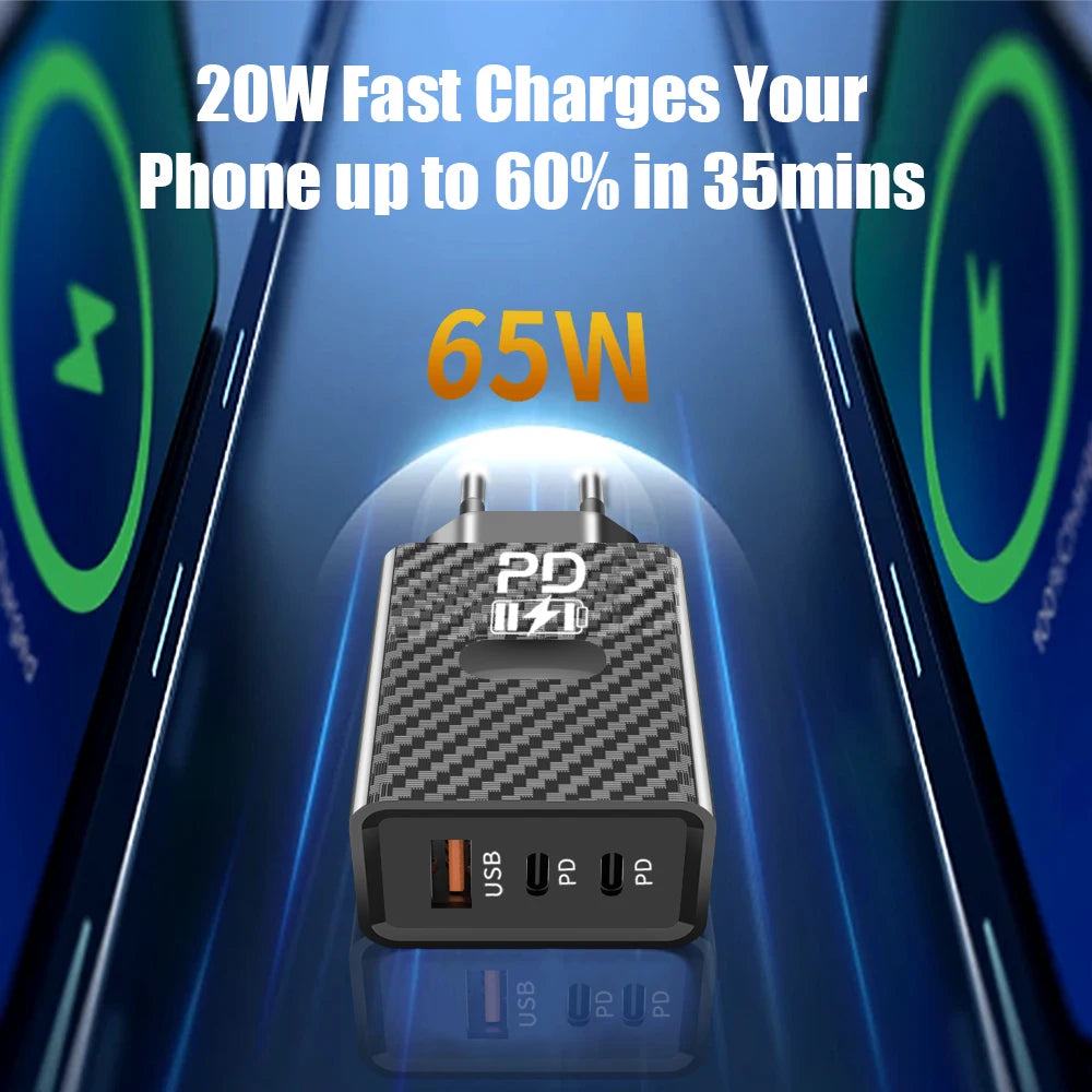 65W USB-C PD Fast Charger QC3.0 Wall Adapter | Multi-Device USB-C Wall Charger QXL