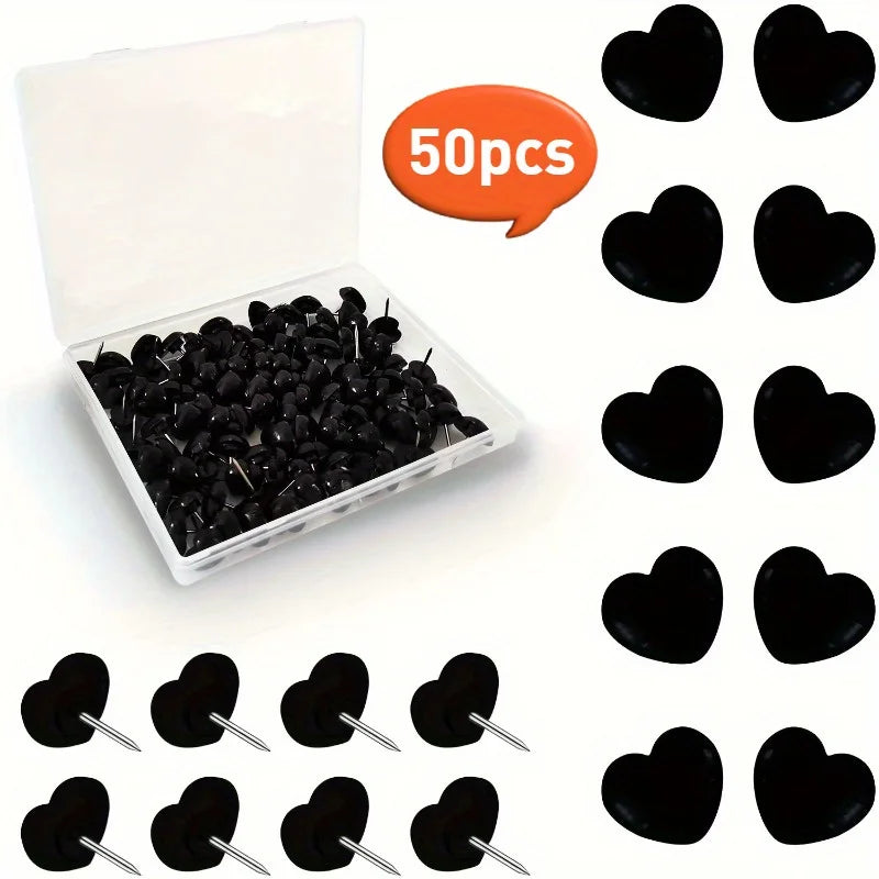 50-Pack Heart-Shaped Push Pins – Black Steel Decorative Thumbtacks Decorative Push Pins QXL 50pcs