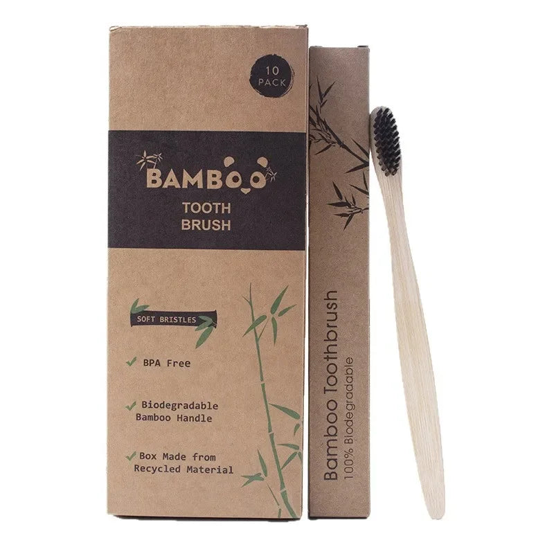 10-Pack Natural Bamboo Toothbrush Set | Eco Soft Bristles Bamboo Toothbrush Set QXL