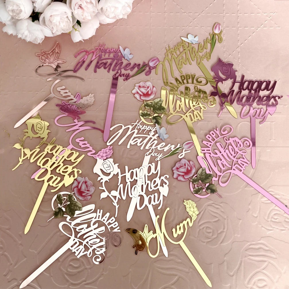 6-Pc Mother's Day Acrylic Cake Toppers – Flower & Butterfly Cake Topper Set QXL