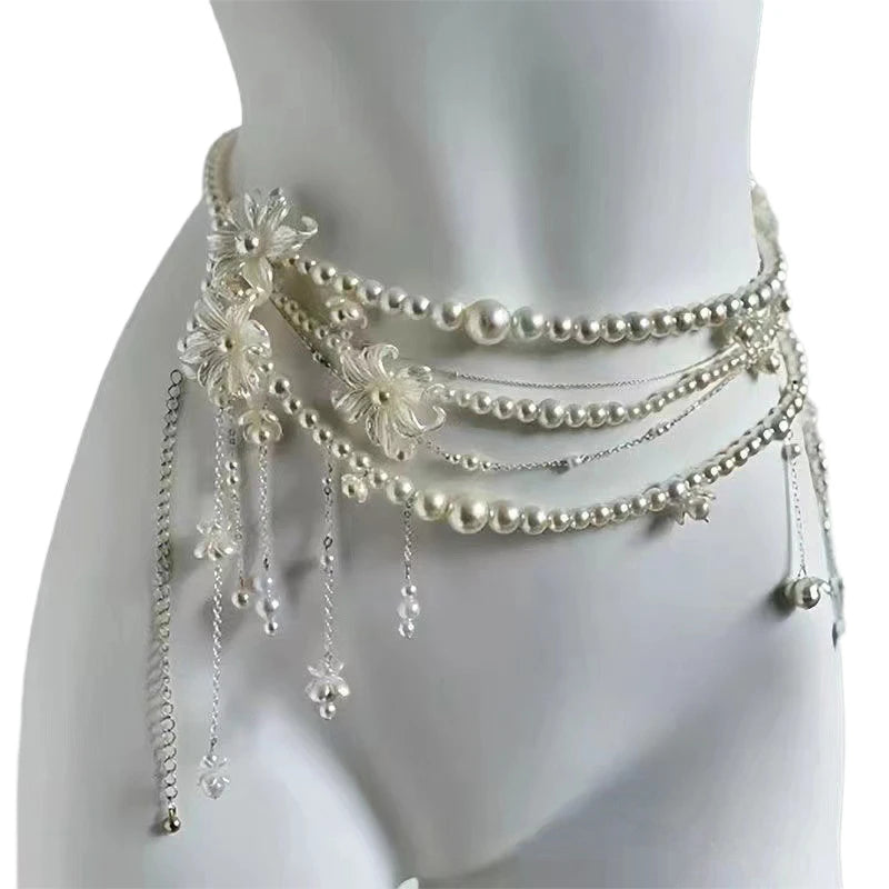 Multi-Layer Pearl Flower Tassel Waist Chain | Women's Body Chain Body Chain QXL
