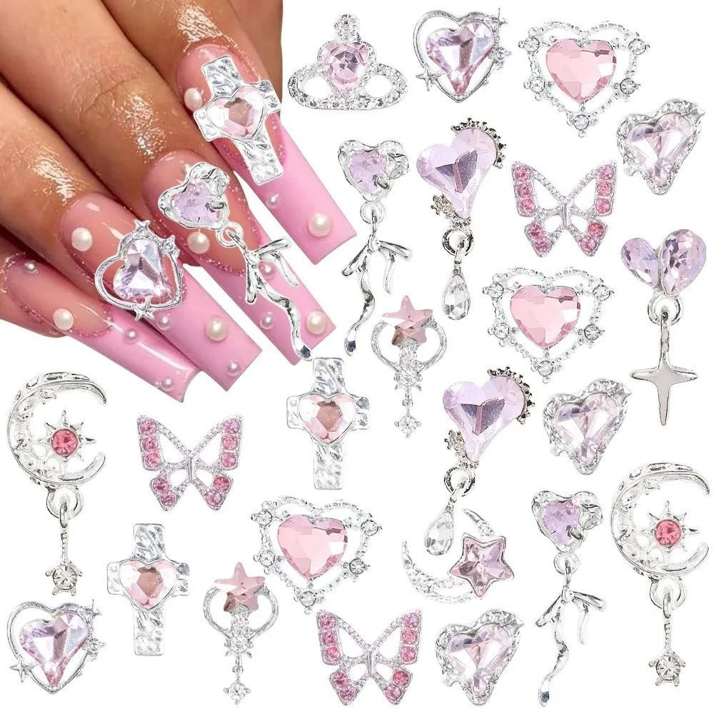 24-Pc Y2K Nail Art Charms | 3D Rhinestone Gems Hearts Stars Bows Nail Art Charms QXL E