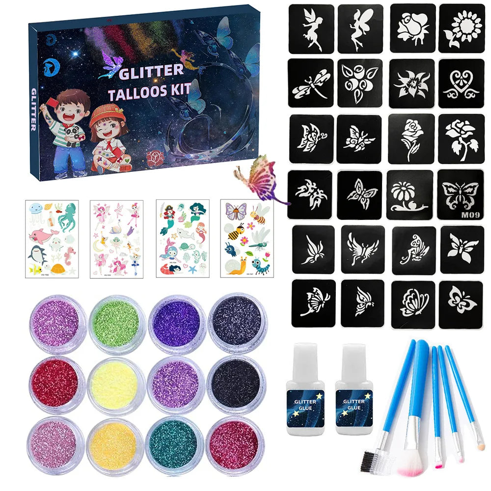 Glitter Temporary Tattoo Kit – 12 Colors, Stencils & Brushes Glitter Tattoo Kit QXL 01