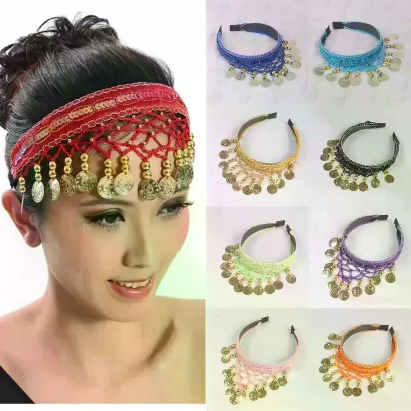 Ethnic Belly Dance Headband | Red Sequin Coin Fringe Headpiece Dance Headband QXL