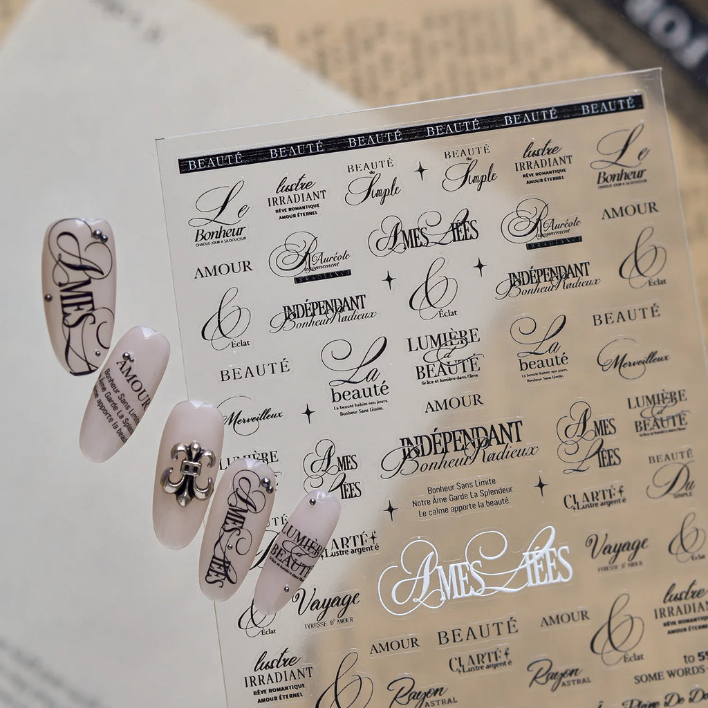 5D French Words Nail Stickers | Black & White Self-Adhesive Decals Nail Art Stickers QXL